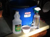 Vinegar, warm water, and bucket
