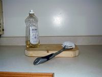 brush, dish soap, cutting board