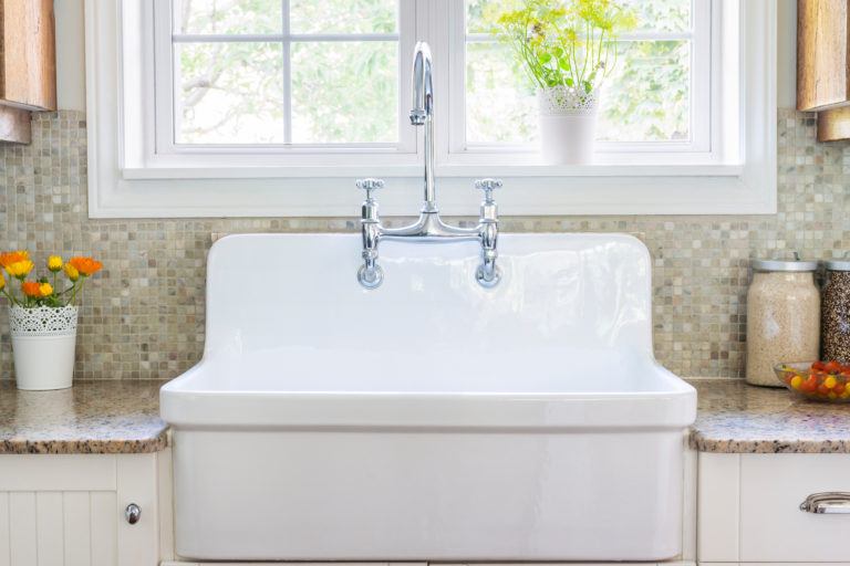 A porcelain kitchen sink.